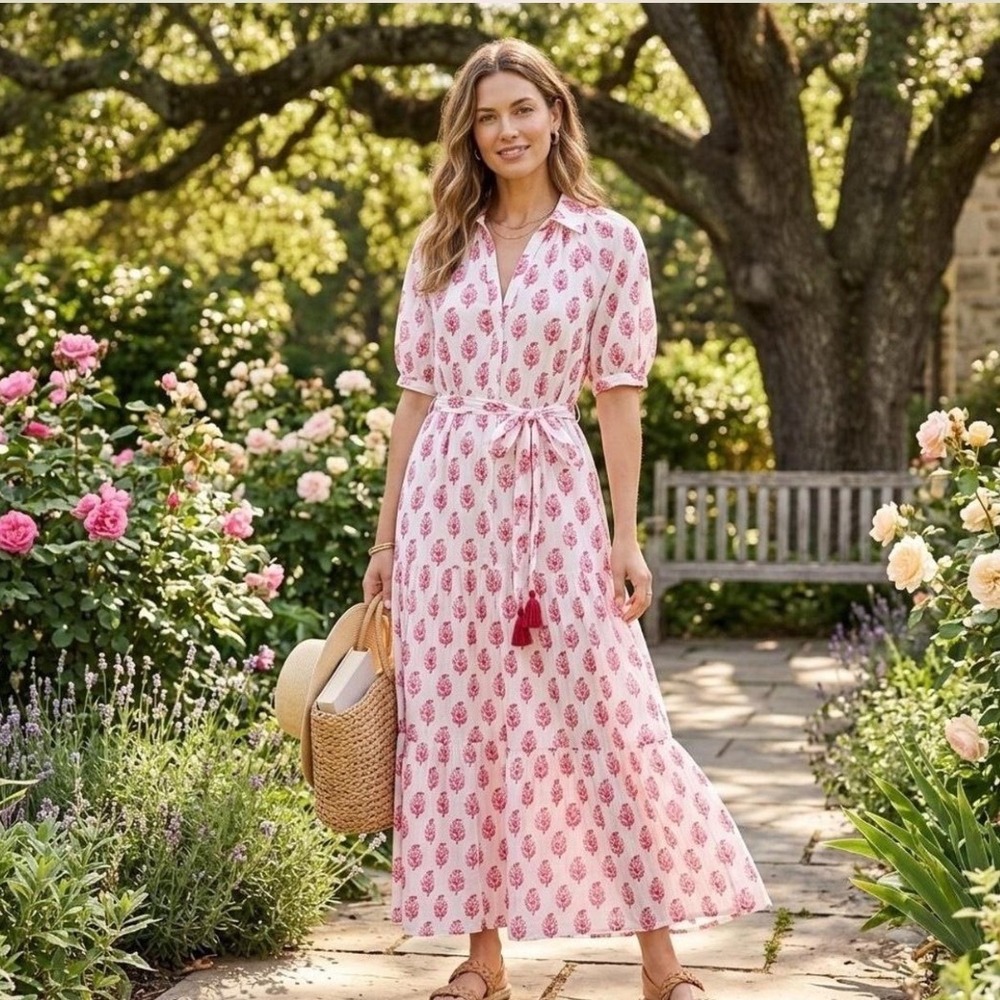 Roller Rabbit x target Jemina Block Print Tiered Maxi Dress Pink White Large